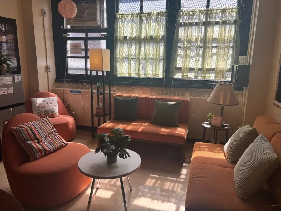 A sunny room furnished by Repurposed Life: orange sofas and curved lounge chairs, a round table with a plant, floor lamps, and throw pillows